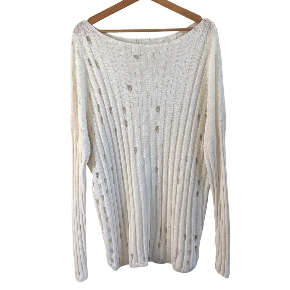 Sarah Pacini Distressed Linen Ribbed Sweater Cream White One Size Italy